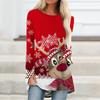 Plus Size Women Red Elk Printed Comfy Long Sleeve Round Collar T-shirt Casual Baggy Mid Length Tee Tops For Christmas