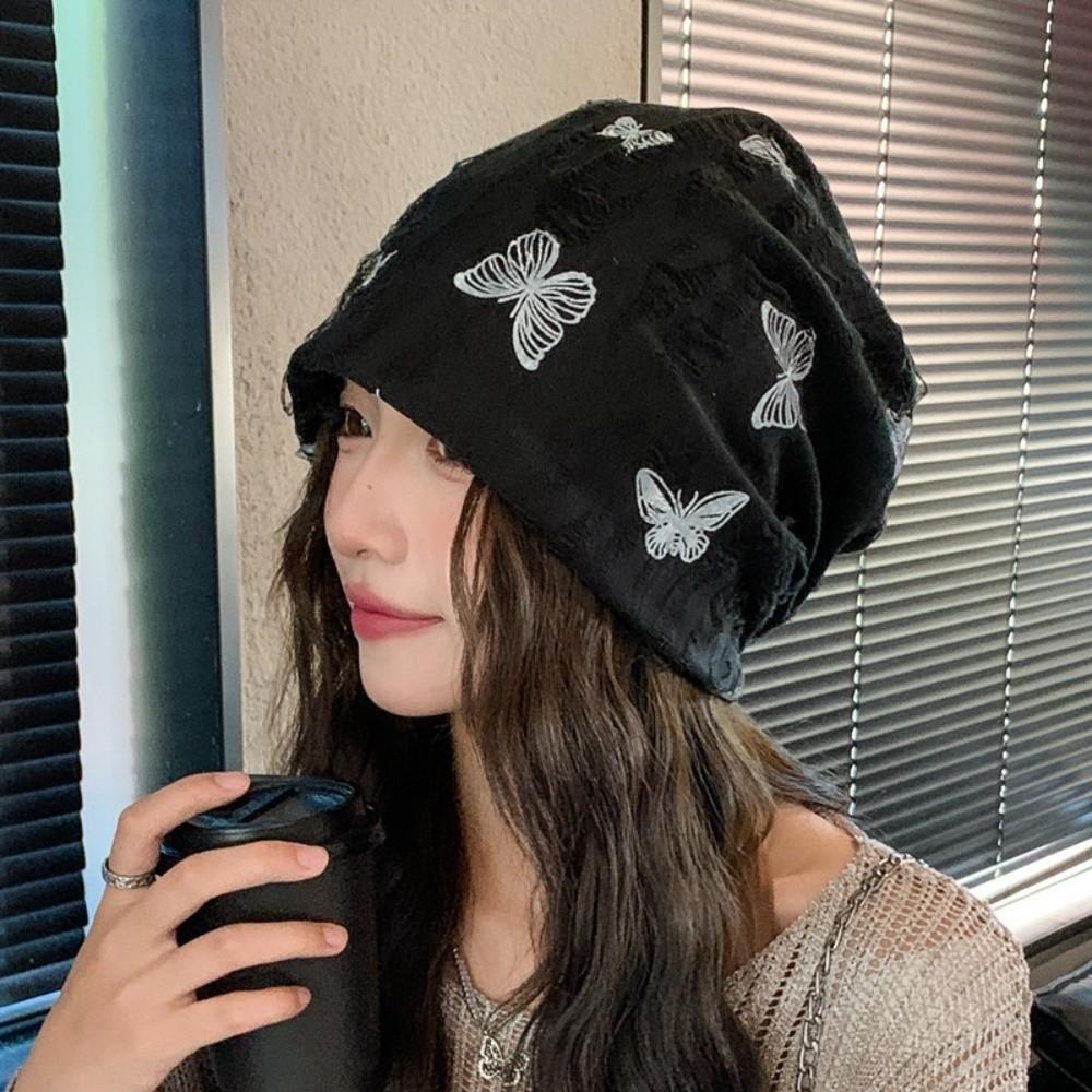 Thickened Fleece Beanies Coldproof Plush Pullover Hat Fashion Butterfly Print Beanies Outdoor