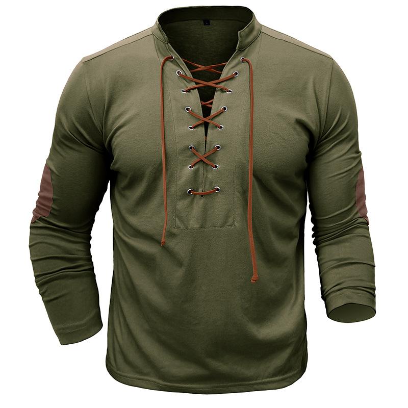 Men's Lace-Up Stand Collar Long Sleeve T-Shirt, Vintage Outdoor Base Layer