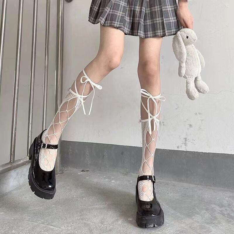 Gothic Lolita Sockings Mesh Lace Tube Socks JK Socks Thin Fishnet Stockings Bow Tie Hollow Calf Socks