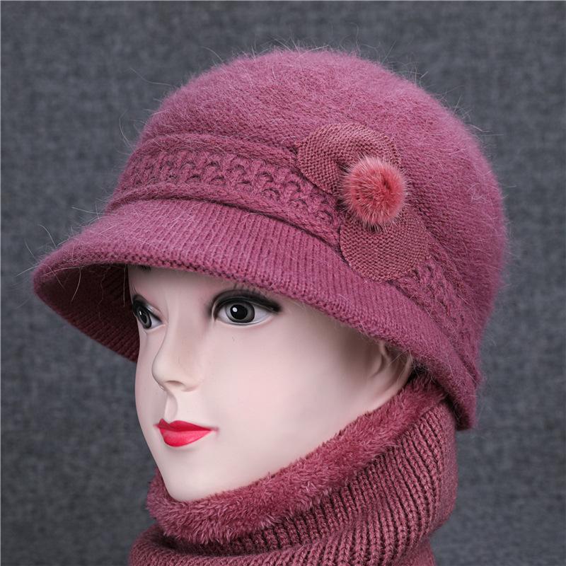 Женская шапка среднего и пожилого возраста, вязаная шерстяная шапка, шапки с цветами из кроличьей шерсти, осень и зима