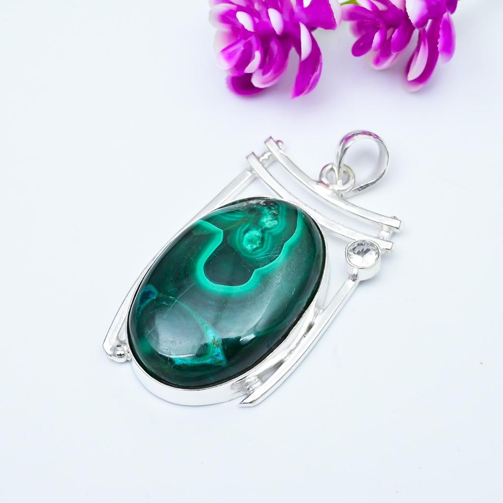 Подвеска из малахита и белого топаза, ювелирное изделие из стерлингового серебра 925 пробы. Подарок для женщин, подвеска ручной работы, ювелирные изделия из драгоценных камней