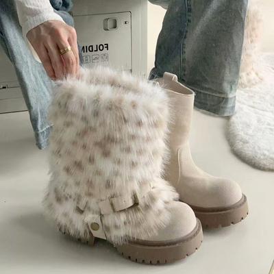 Съемные ботинки-луноходы Spice Girl 2-в-1 с леопардовым принтом, новая коллекция осень-зима 2025, модные теплые полусапоги с длинным мехом