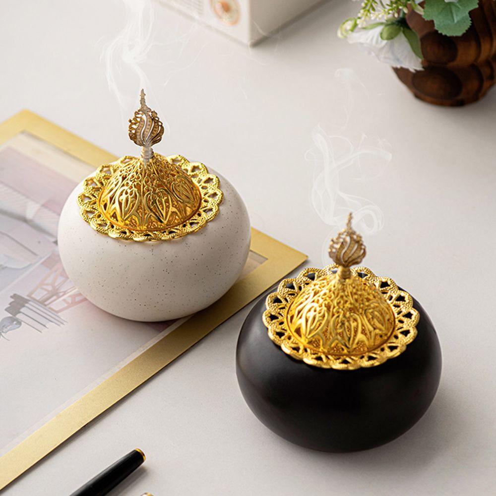 Golden Lid Aromatherapy Censer Ceramic Bakhoor Holder Incense Burning Tray Desktop