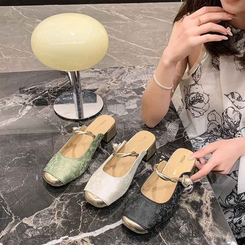 Beautiful Bag Head High-heeled Slippers Women's Summer Wear Pearl Thick Heel with Skirt Slippers