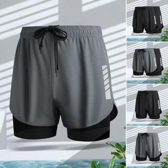 Men Swim Shorts Slim Fit Double Layers Quick Dry Conservative Breathable Swimming Drawstring Elastic Waist Swimming Trunks Water Sports Jogging Shorts