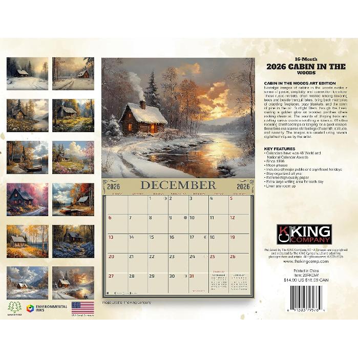 2026 Cabin in the Woods Wall Calendar 16-Month X-Large Size 14x22, Best Retro Rustic Cabin Calendar by The KING Company-Monster Calendars