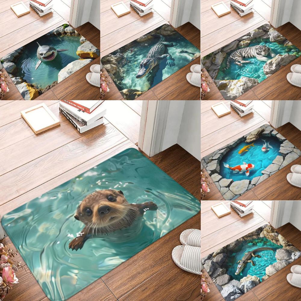 Realistic 3D Cute Otter Pool Door Mat, Fierce Crocodile Shark Tiger Pattern Anti-Slip Indoor Carpet for Hallway Balcony Kitchen
