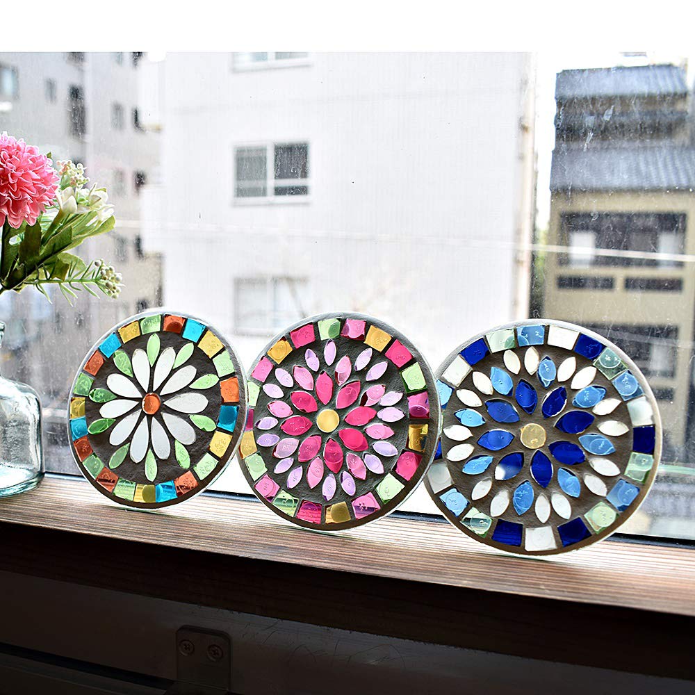 Fourcart Cute Handmade Glass Coasters Flower Pink x Set [Mosaic Coaster] 5-Piece