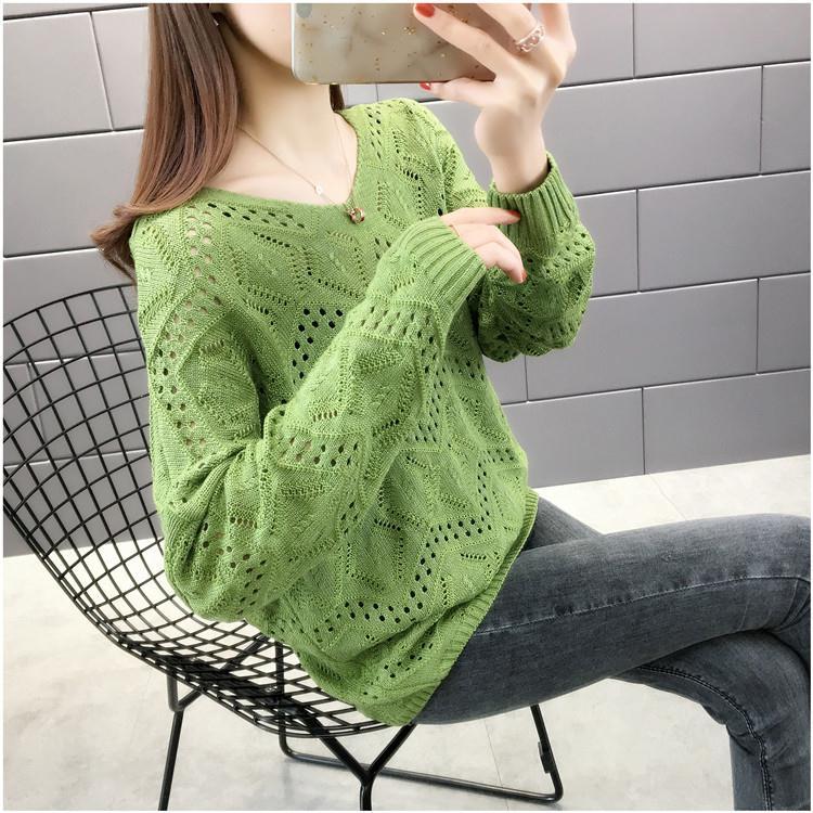 Hollow Knitted Sweater Women's Pullover Spring and Autumn V-neck Blouse Loose Outer Sweater Bottoming Shirt