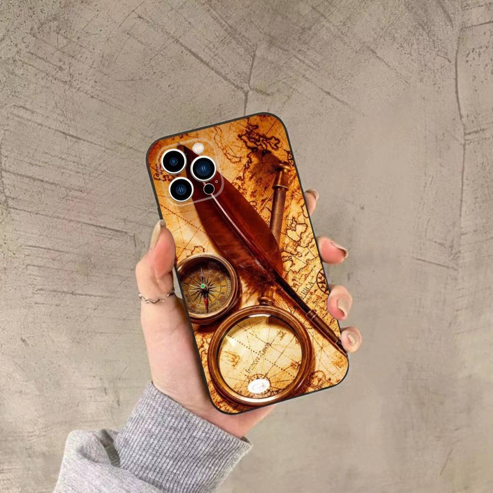 World Map Compass Nautical Phone Case For iPhone 16,15,14,13,12,11,Plus,Pro Max,XS,X,XR,SE,Mini,8,7 Soft Silicone Black Cover
