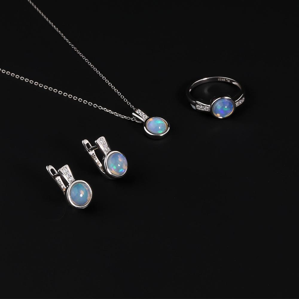 2023 New 925 Sterling Silver Jewelry Set Natural Ethiopia Opal Round 7mm Earrings Pendant Necklace Women Rings Simple Design