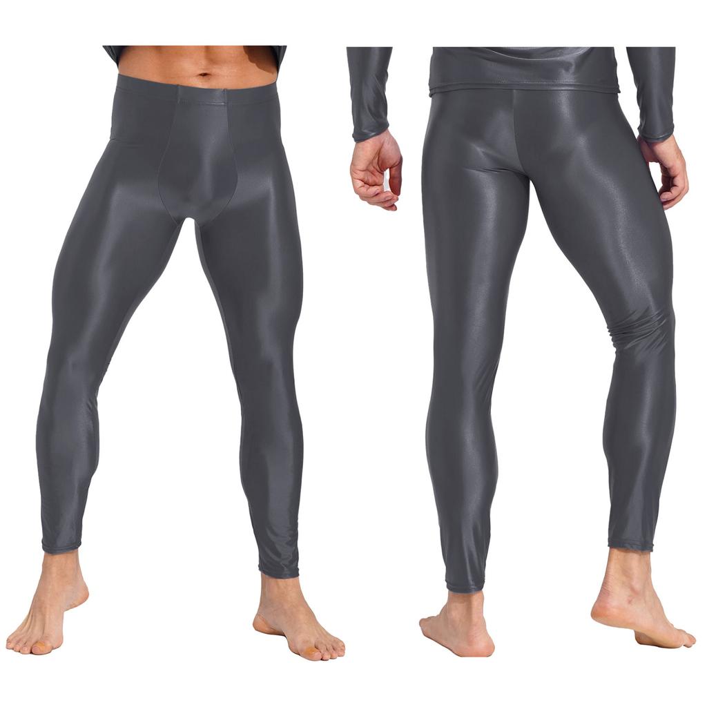 Mens Glossy Leggings Elastic Waistband Skinny Pants for Yoga Exercise Running Gym Fitness Workout
