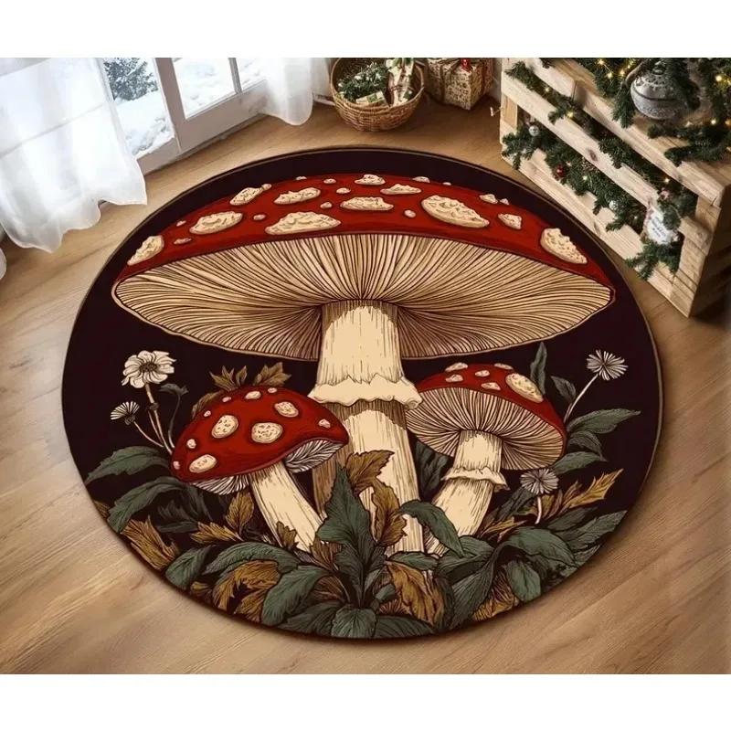 Enchanting Mushroom Round Floor Mat Big Mushrooms Lush Foliage on Dark Blue Soft Non-Slip Magical Room Home Decoration Carpet