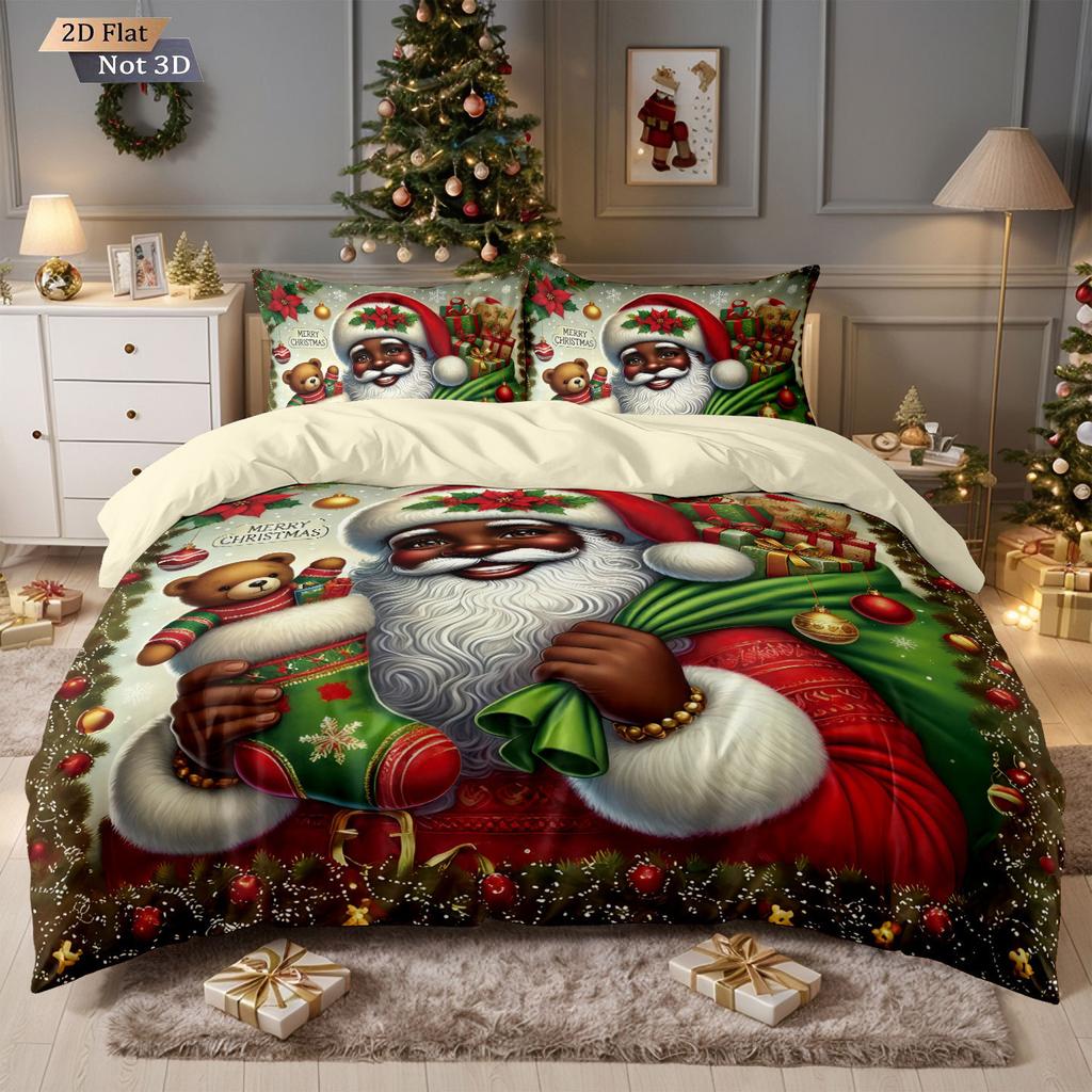 Three-piece Christmas Bedding Set, Brushed Duvet Cover and Pillowcase Set with Santa Claus Digital Print