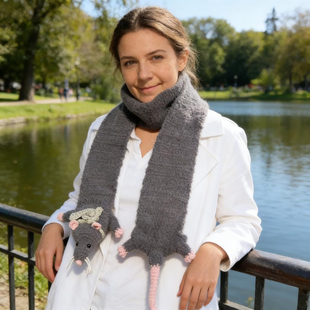 Ручная вязка крючком Шарф-крыса – Забавный Уютный Животный Шарф, Причудливый Теплый Шарф на Шею, Значимый Подарок на Зиму