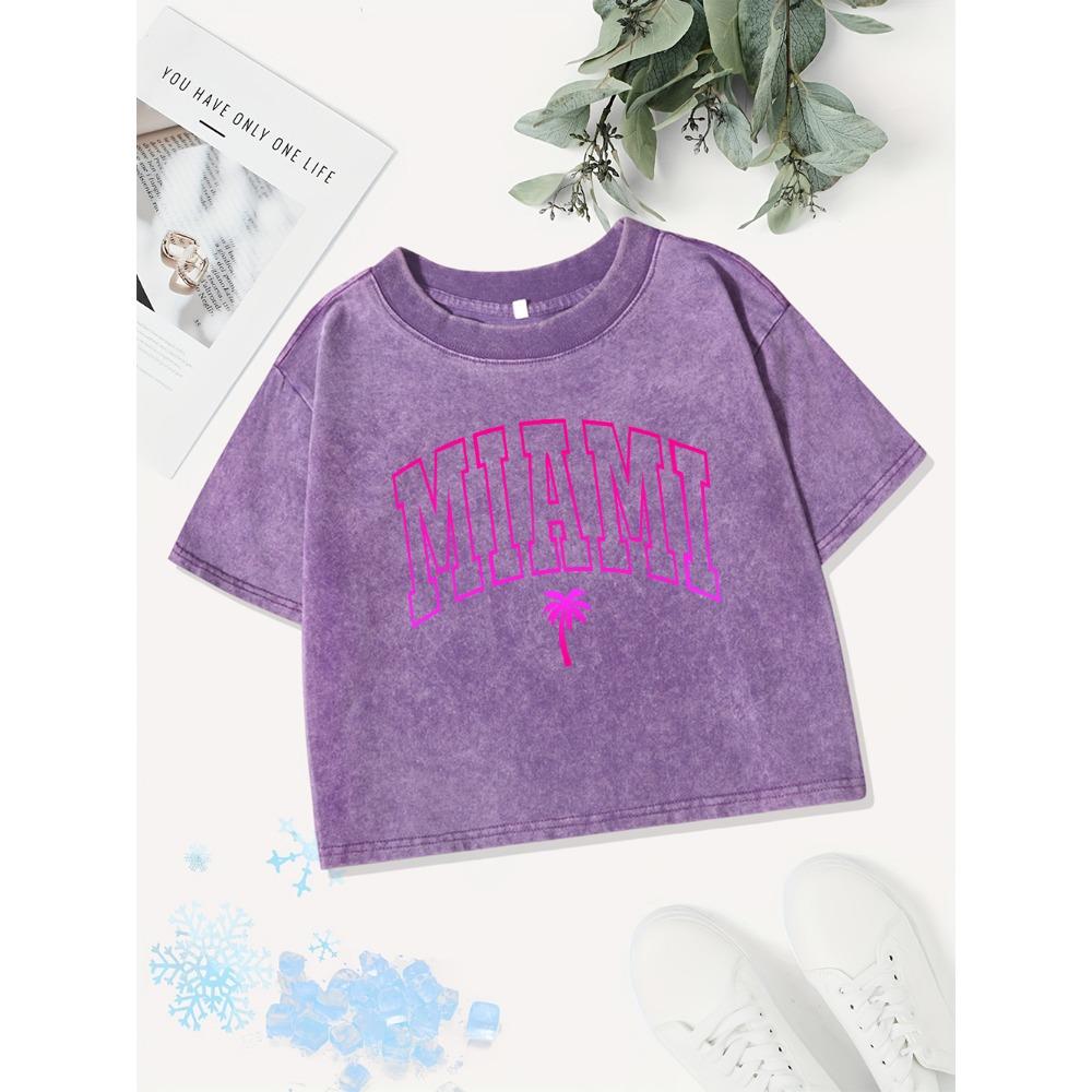 Street Cotton Crop Tops Womens Miami Letter Printing Washed T-Shirts Sexy O-Neck Regular Fit Streetwear Womans Clothes