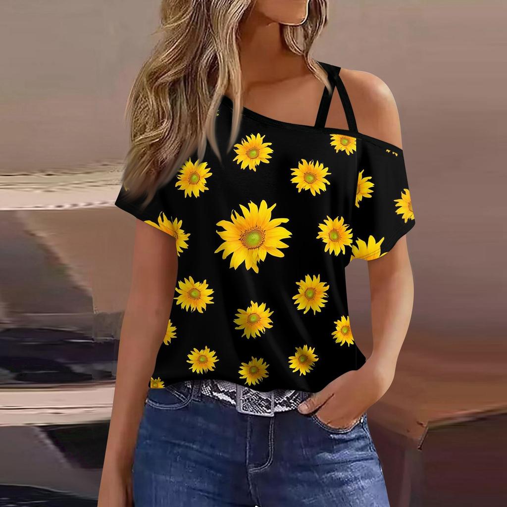 Women's Fashion Casual Print Sexy Cold Shoulder Short Sleeve T-shirt Top