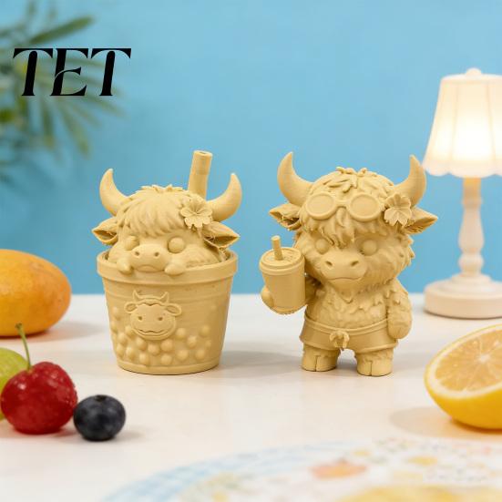 Cute Desktop Ornament 2Pcs Highland Cow Figurine, 3D Printed Bubble Tea Statues, Cartoon Animal Sculpture Summer Farmhouse Style Ornaments,