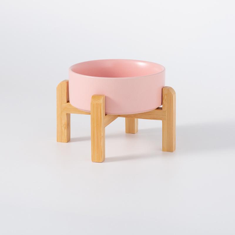 Керамическая миска для корма домашних животных с приподнятой бамбуковой подставкой - Антиопрокидывающаяся конструкция для собак и кошек, Защищает шейный отдел позвоночника