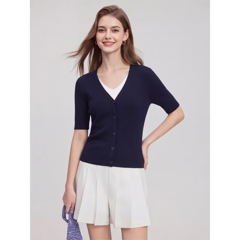 Basic House Women's Faux Two-Piece V-Neck Ice Silk Knit T-Shirt