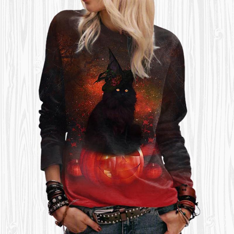 Женские осенние топы, свободная футболка с крутым котом и принтом кота, повседневная футболка с длинными рукавами, топ, блузка