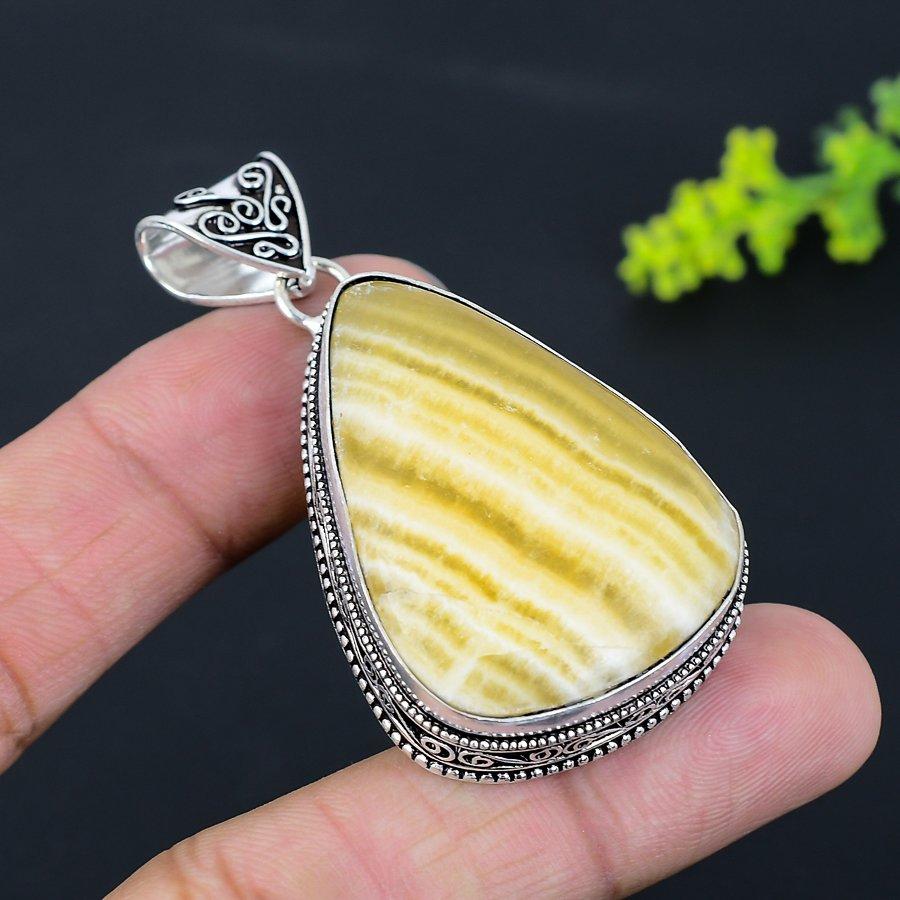 Natural Yellow Aventurine Gemstone 925 Sterling Silver Pendant 2.36" b3Y43