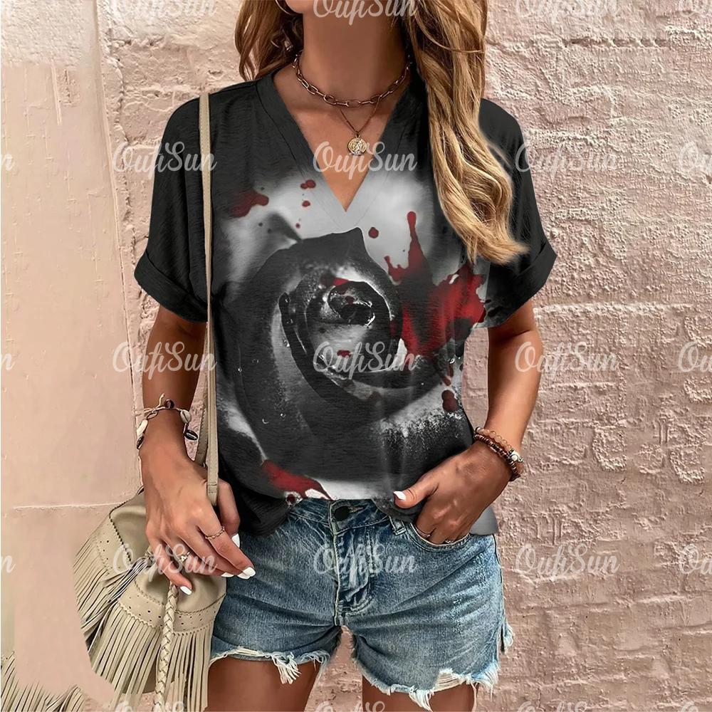 Summer Women Fashion T-shirt Vintage Floral Rose Pattern V-Neck Tops Tees Female Short Sleeve Clothing Ladies Casual Streetwear