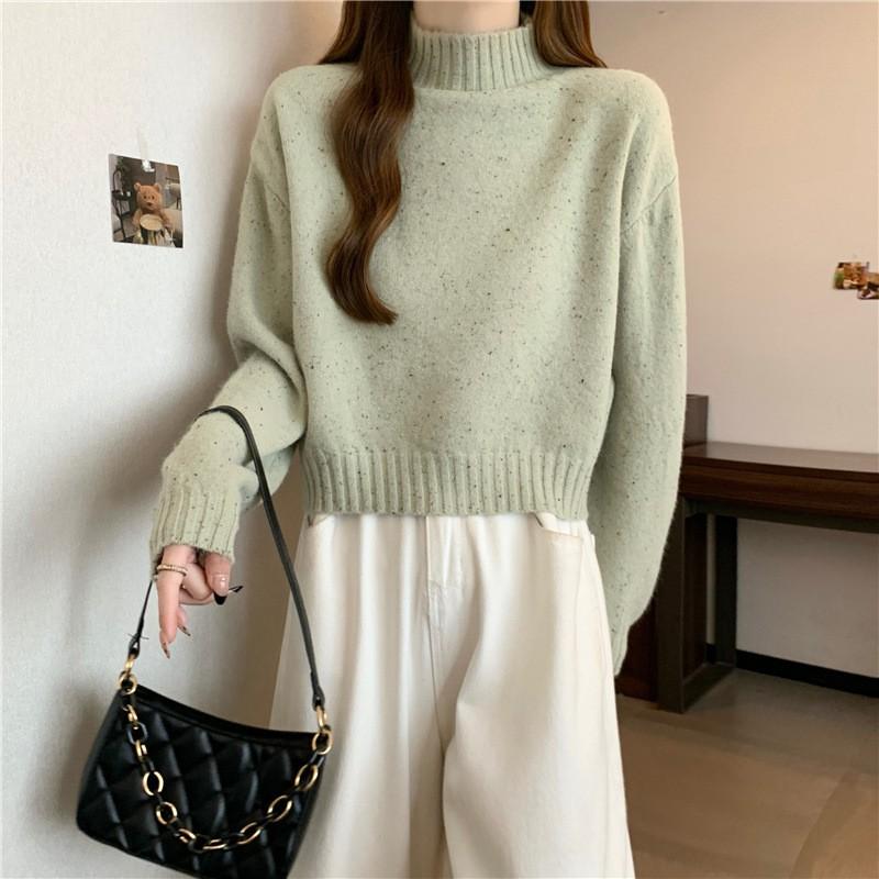 Womens Loose Fit Short Cropped Knit Sweater With Mock Neck Long Sleeve Fall Winter 2026 Casual Layering Top