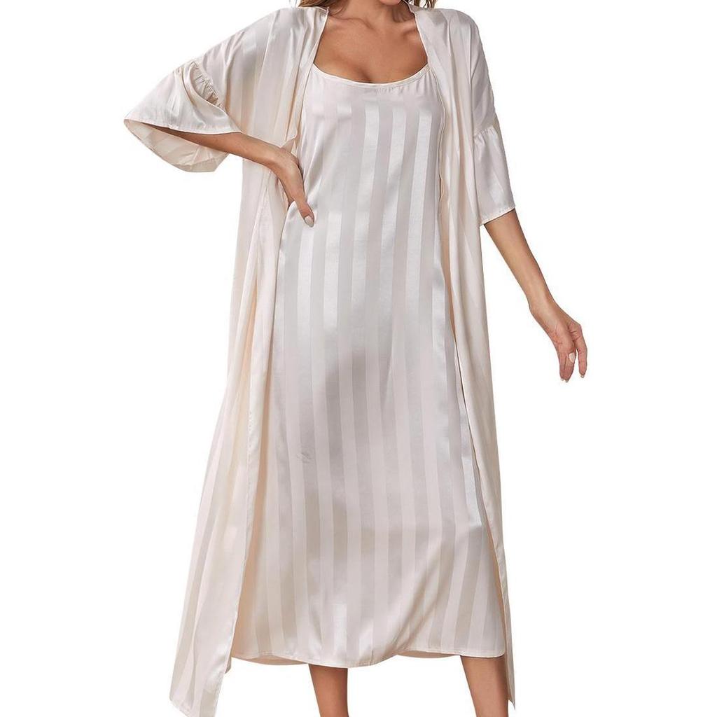 Women’s Nightgown Slip Night Dress 2 Pieces Set Satin Stripe Pajamas Dressing Gown Robe Sleepwear Home Wear Spring Autumn Sleep Lounge Clothes