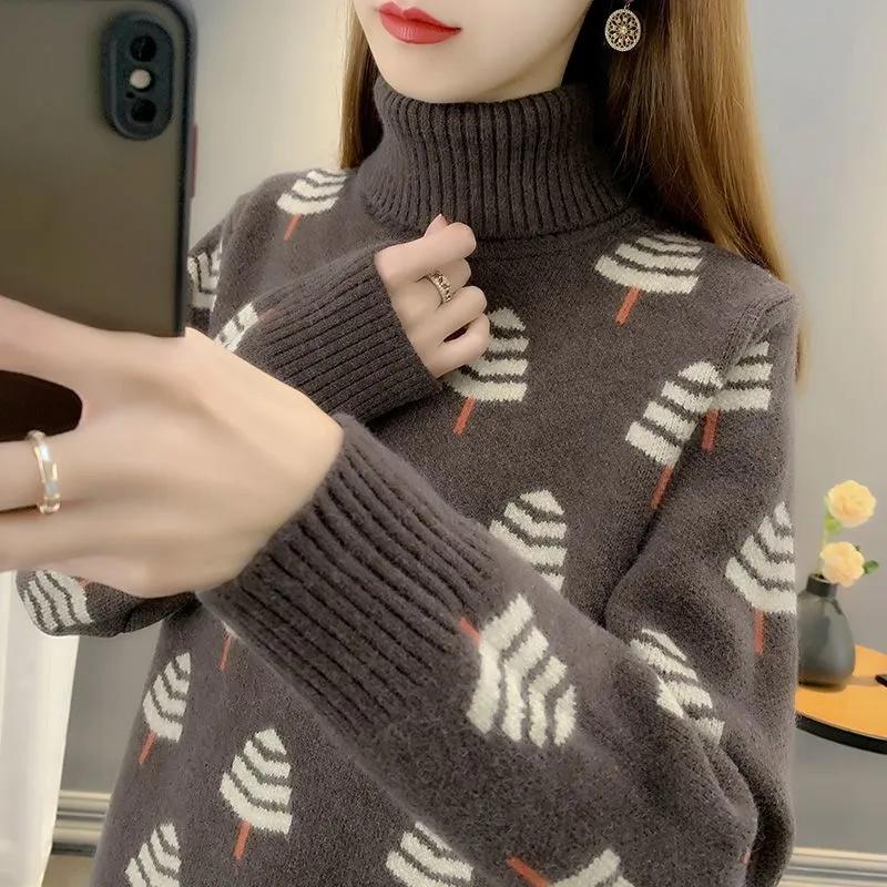 Свитер с высоким воротником и принтом для женщин, осенне-зимний жаккардовый вязаный нижний свитер для женской зимней одежды