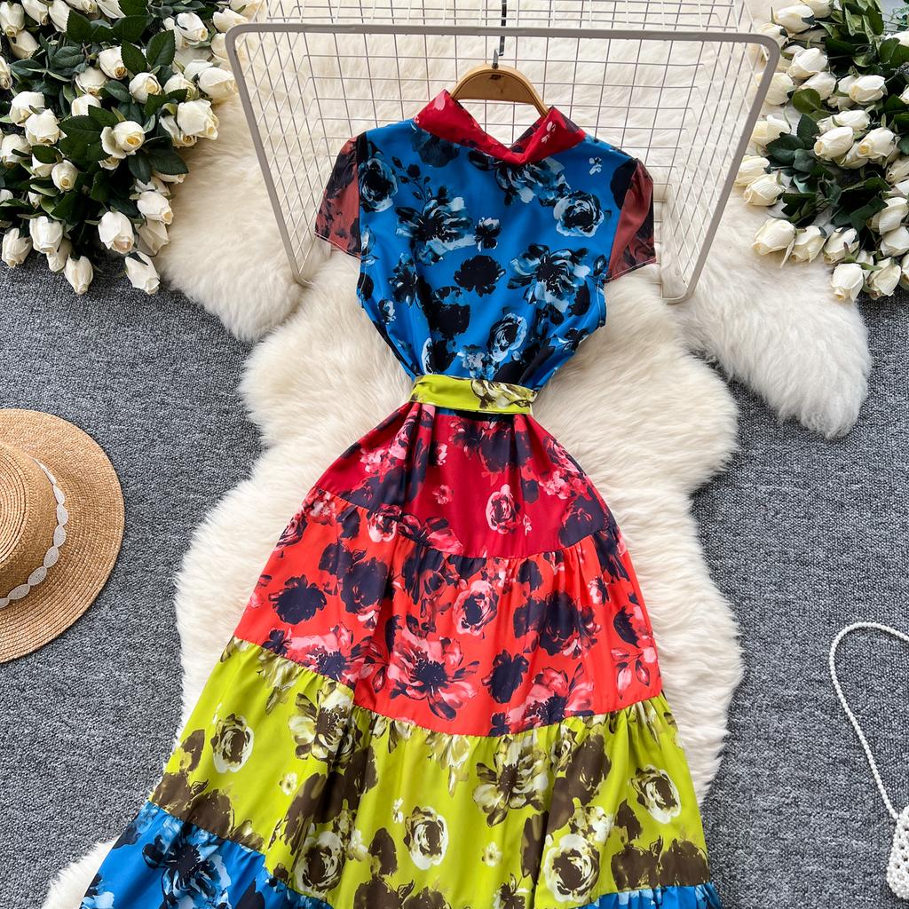 Summer Women Vintage Print Chiffon Turn-down Collar Shirt Single Breasted Holiday Beach Long Maxi Dresses