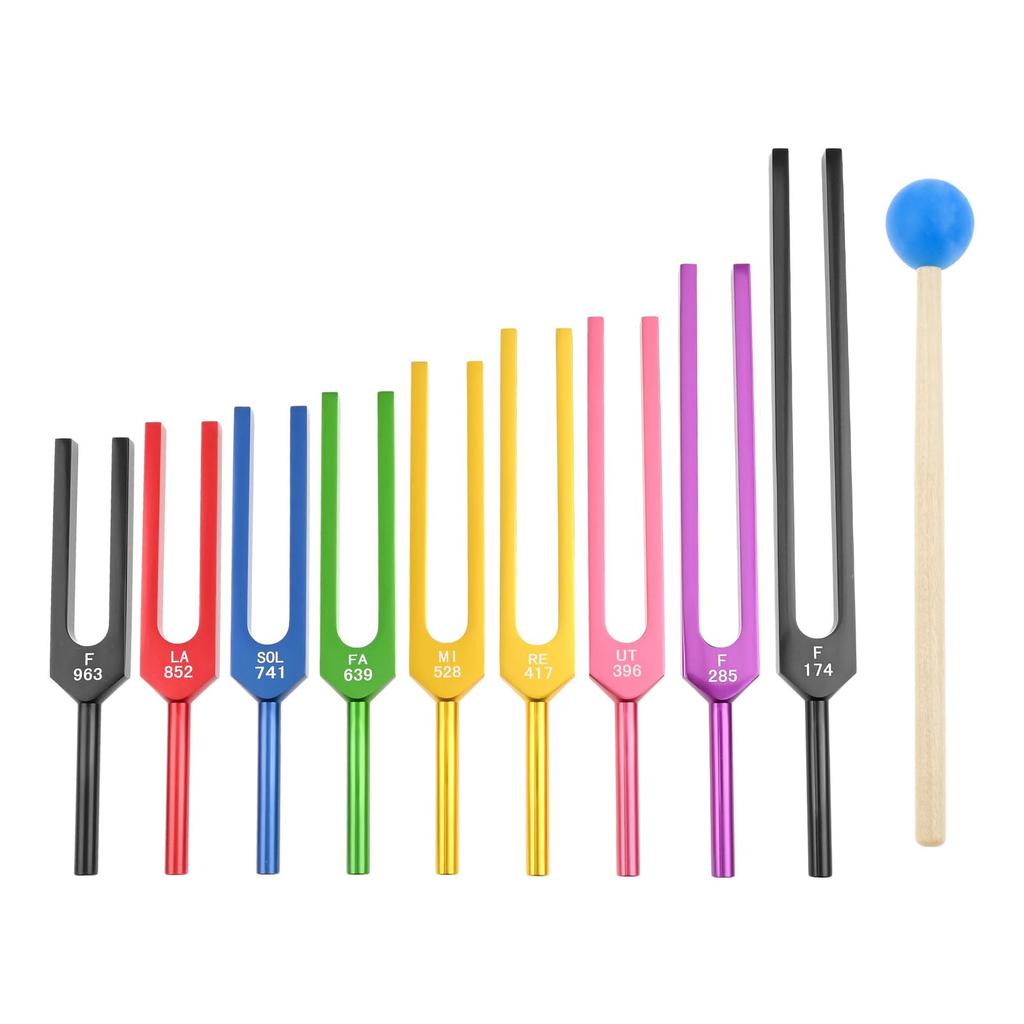 Dreld Tuning Fork Chakra Sound Healing Therapy Tool for and with Silicone Hammer and Wooden Stand for Better Resonance and Silver 285 396 417 528 639