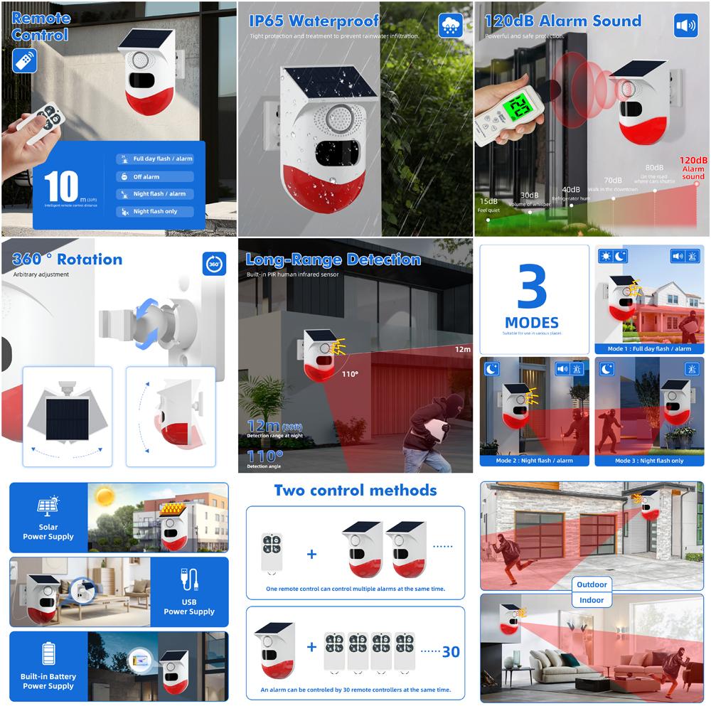 Беспроводной RF433 Открытый солнечный световой сигнализатор Инфракрасный звуковой сигнал 120 дБ, регулируемый на 110°