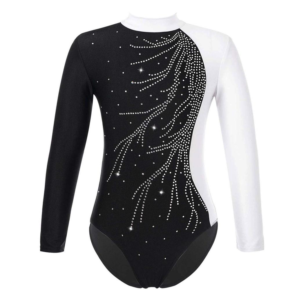 Girls Kids Sparkly Rhinestones Gymnastic Leotard Long Sleeve Ballet Dance Athletic Workout Bodysuit Unitard