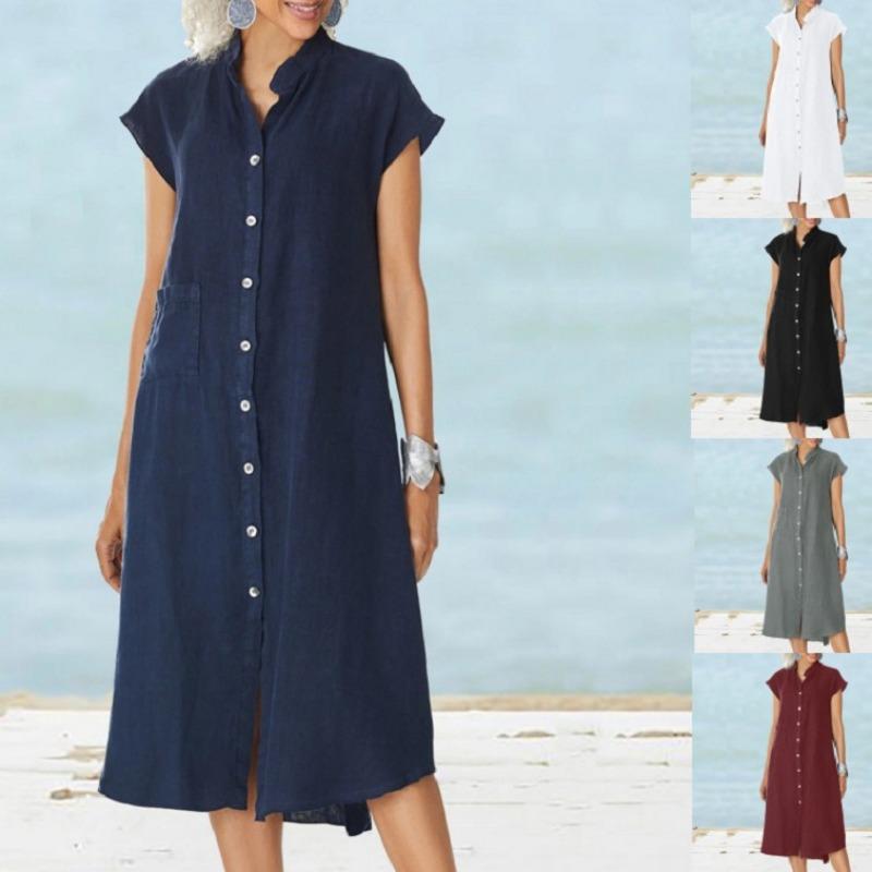 Кардиган с воротником-стойкой, однобортный, из хлопка и льна, с карманами, большого размера, платье-подъюбник