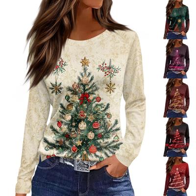 Женская модная повседневная футболка с разрезом по низу, круглым вырезом, длинными рукавами, свободного кроя, с рождественским принтом, женский топ