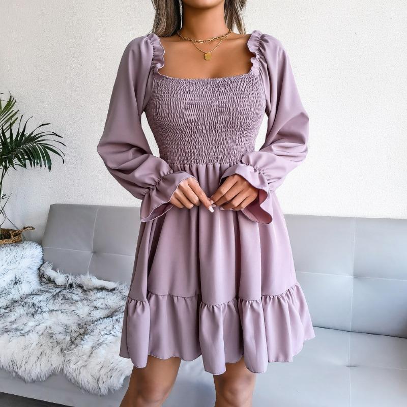 VEZFAA Женская мода весна осень однотонный принт длинный рукав квадратный воротник высокая талия повседневные платья