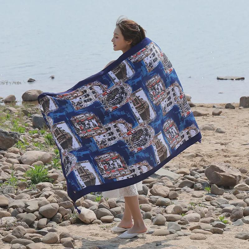 Seaside Travel Cotton & Linen Scarf: Silk Print, Sunscreen Shawl