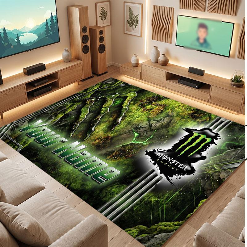 Monster Energy Personalized Crystal Velvet Carpet, Customized Name Text Soft Anti‑Slip Rug for Living Room Bedroom