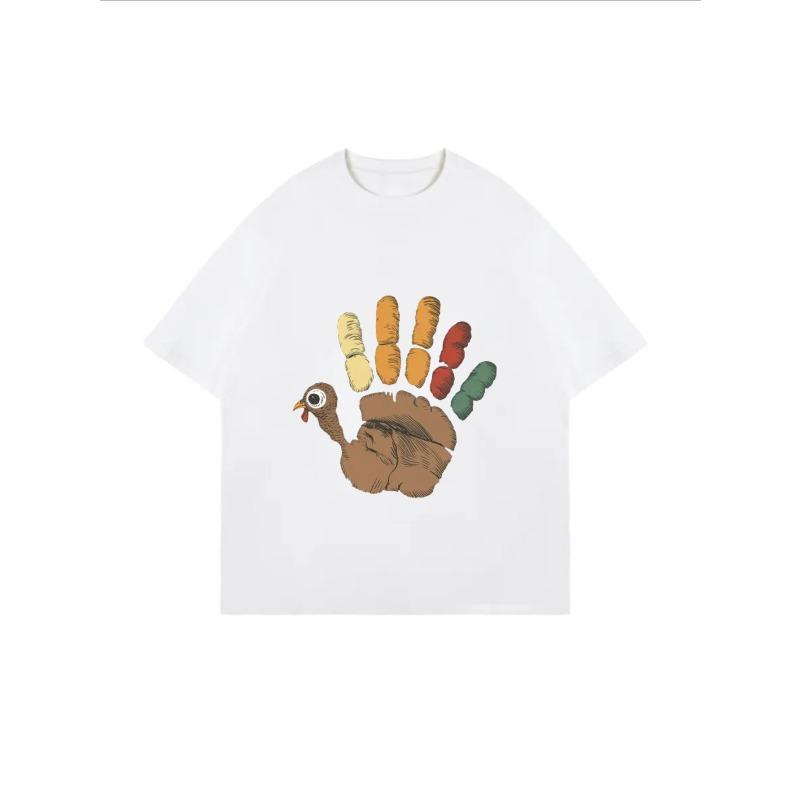 Oversized T-Shirt with Handprint-Doodle Turkey Fun Print – Colorful Cartoon Pattern Casual Top for Thanksgiving