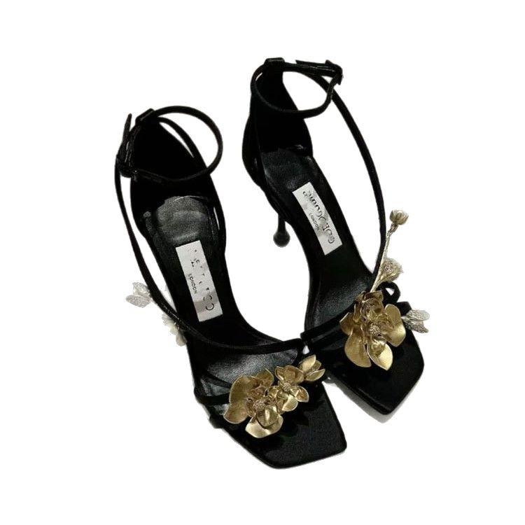 Flower High Heels Women's 2025 Summer New Cut Men's Thin Heels Square Head Open Toe One-button Rhinestone Rose Sandals