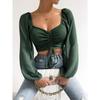 Ladies Blusas Summer Short Tshirt Woman Clothes Long Sleeve T Shirt Sexy V-neck Women T Shirt Casual Drawstring Crop Tops Tee