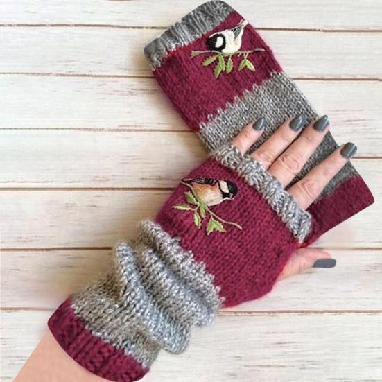 1 пара осенне-зимних перчаток без пальцев с вышивкой птиц, высокоэластичные, нескользящие, утеплители для рук