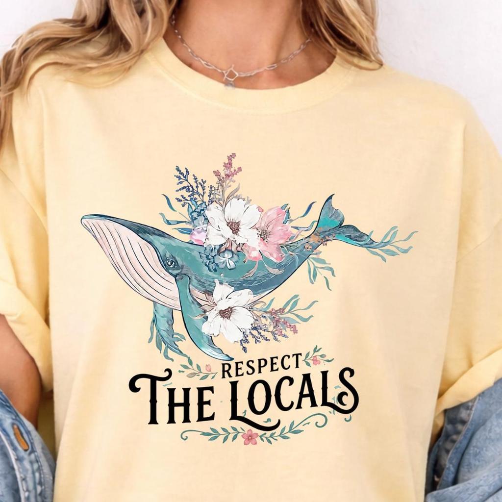 Comfort Colors Respect The Locals Shirt, Coastal Whale Shirt, Floral Ocean Tee, Beachy Sea Life Gift