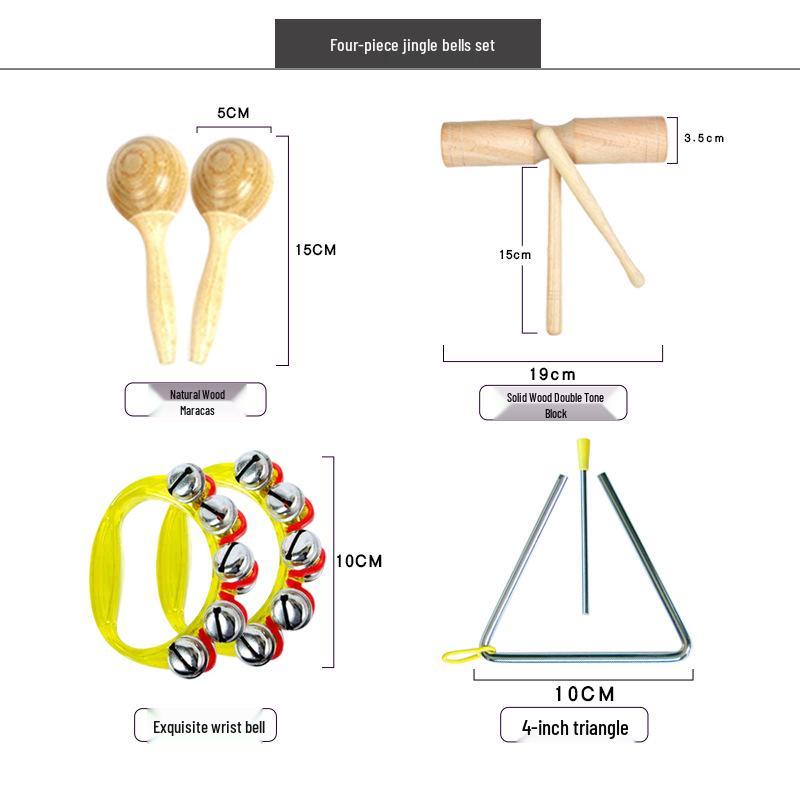 Детские музыкальные инструменты Орфа: Треугольник, Кастаньеты, Маракасы, Бубен, Деревянные бруски, Тарелки