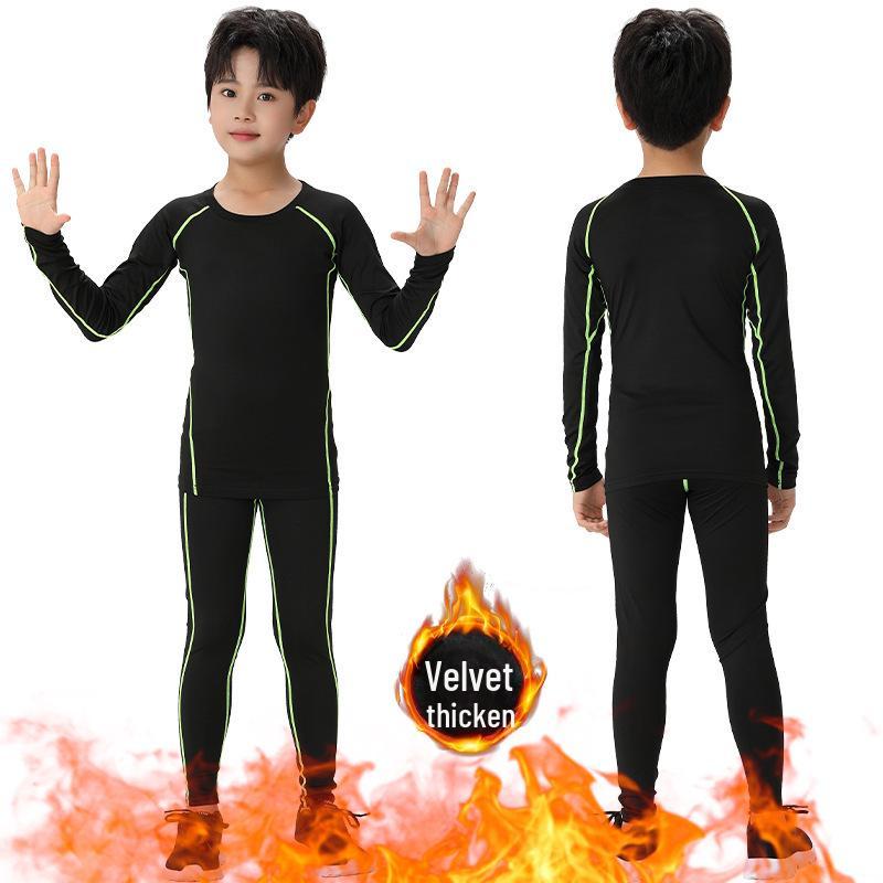Плюшевые детские баскетбольные и футбольные быстросохнущие тренировочные костюмы для мальчиков - осенне-зимние спортивные тайтсы и базовые топы