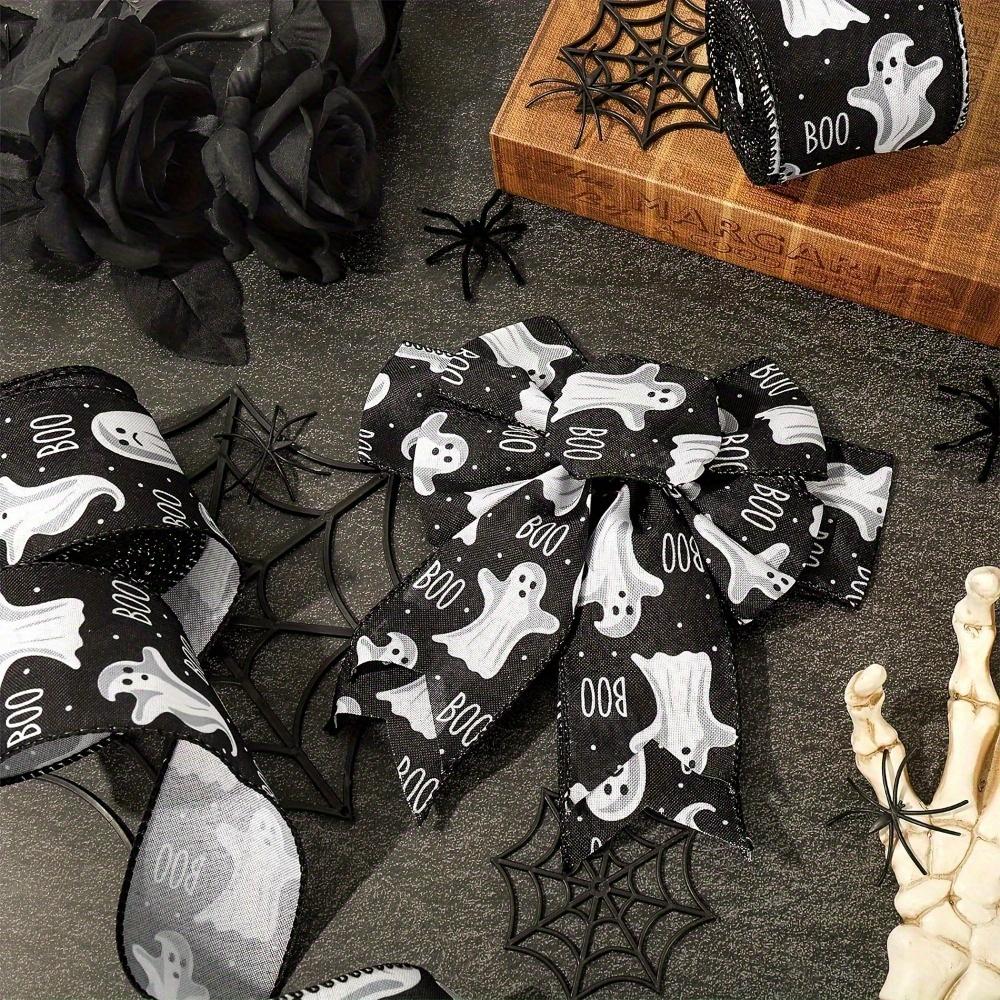 2 рулона ленты с проволочным краем в стиле «Привидение на Хэллоуин», классический стиль, черная белая лента для поделок на Хэллоуин, для изготовления венков, бантов, подарочной упаковки своими руками