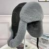 Rabbit Fur Bomber Hat Men Winter Warm Thick Warm Trapper Ear Hats Genuine Leather Adjustable Belt Snow Hats