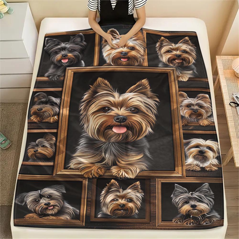 1 шт. Фланелевое одеяло с принтом йоркширских терьеров, Высококачественное, Удобное для всех сезонов, Декор для дома, Тепло и уют, Идеально для рождественских подарков